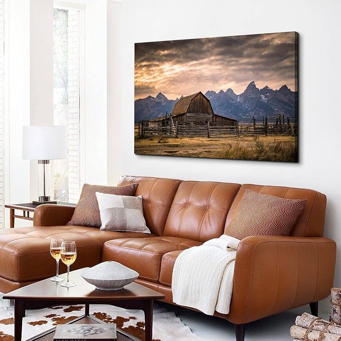 Grand Teton National Park Canvas Wall Art Sunset Moulton Barn Landscape Wall Decor, Wyoming Nature Mountains Scenery Picture Artwork Painting Decoration for Home Living Room Bedroom Kitchen 32x48"
