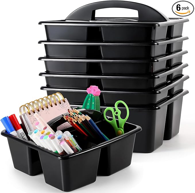 6 Pack Classroom Caddy with Handle Plastic Storage Caddy Organizer with 3 Compartments Desk Caddies Holder Portable Storage Bin for Pencil, Crayon, Marker, Home, Office, School Supplies(Black)