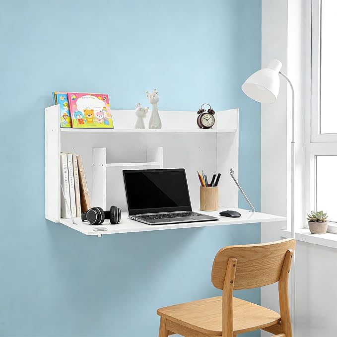 Wall-Mounted Foldable Desk Cabinet with Storage Drawers, Space-Saving PVC Organizer for Home Office, Study Room, Bedroom, Small Apartment & Remote Work (White)