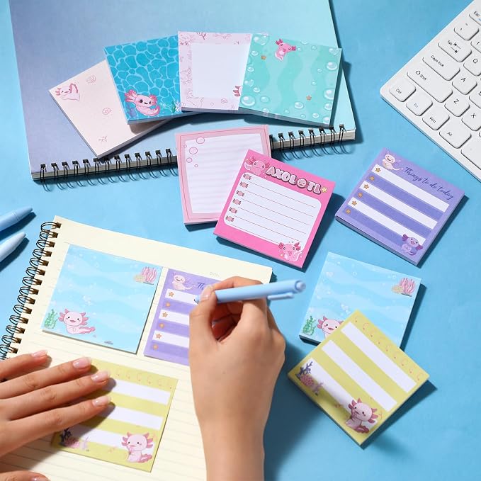 9 Pads Cute Sticky Notes Cartoon Self Stick Notepads 3x3 Inches Notes Adhesive Memo Pad Office Decor Gifts for Students School Teacher Office Meeting(Axolotl)