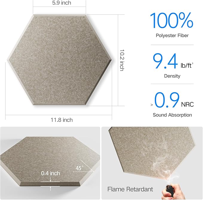 12 Pack Self-Adhesive Acoustic Panels 12" X 10" X 0.4" - Sound Proof Foam Panels with High Density, Stylish Hexagonal Design, Flame Resistant, Absorb Noise and Eliminate Echoes(Camel)