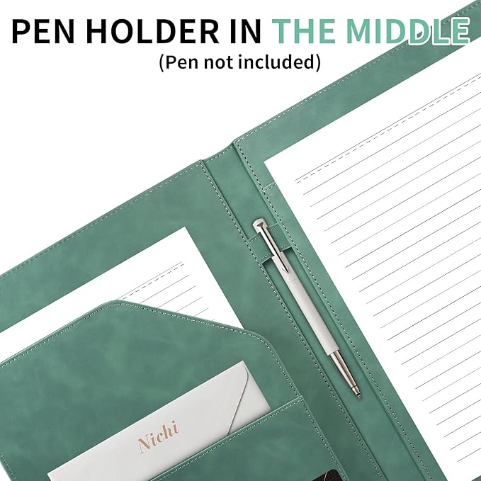 Professional Portfolio Binder, Faux Leather Portfolio Folder Binder, Legal Pad Holder for A4 Letter Size Notepad, Resume, Writing Pad, Ideal Organizer for Business Office Conference, (Green)