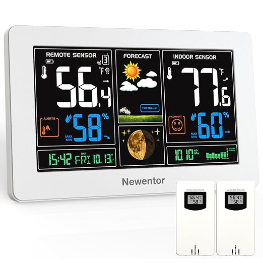 Newentor Weather Station Wireless Indoor Outdoor Thermometer,White,2Sensor | Color Display Digital Weather Thermometer with Atomic Clock, Barometric Pressure, Forecast Station with Adjustable Backlight