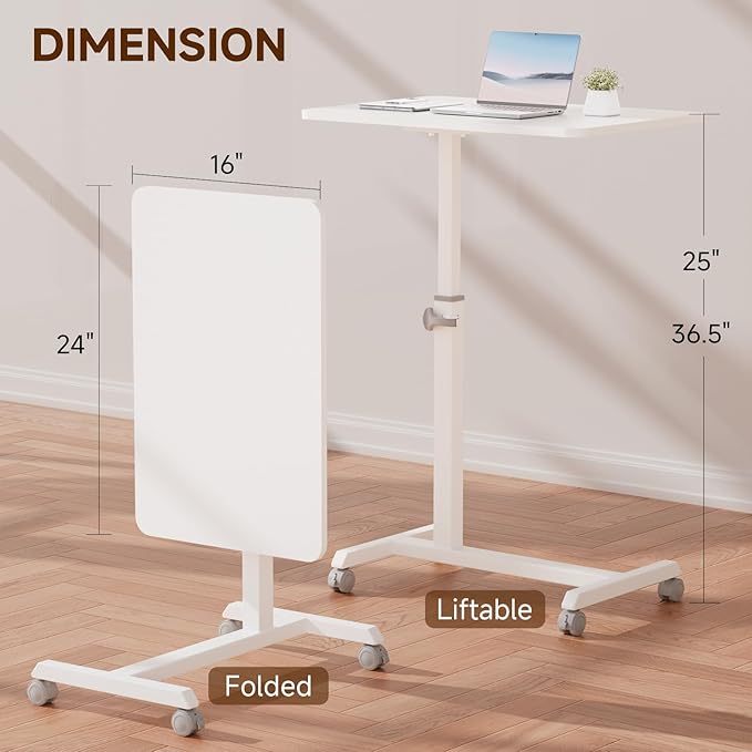 GTPLAYER Small Standing Desk, 24 Inches Mobile Foldable Rolling Laptop PC Table with Lockable Casters, Adjustable Height Overbed Bedside Table Computer Workstation for Home Office, White