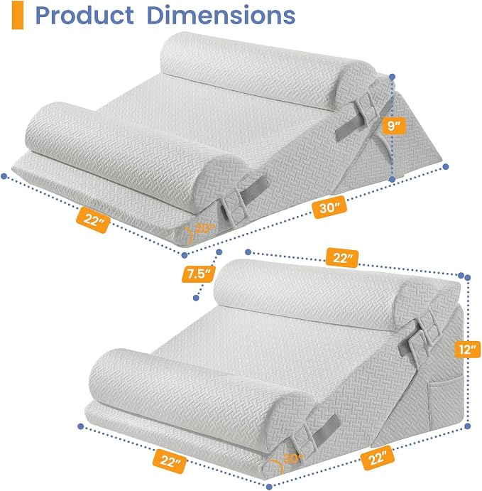 Sasttie Adjustable Wedge Pillow Set for After Surgery, Light Grey | 2PCS Bed Wedge Pillow Headboard with Memory Foam Neck Cushion, for Acid Reflux, Sleeping, Neck & Back Support