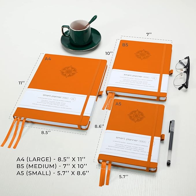 Smart Planner Pro – Medium 10 x 7 inches (B5) – Undated Agenda Daily Planner – Tested & Proven to Achieve Goals & Increase Productivity, Time Management & Happiness with Weekly, Monthly, Gratitude Sections, Back Pocket (Orange)