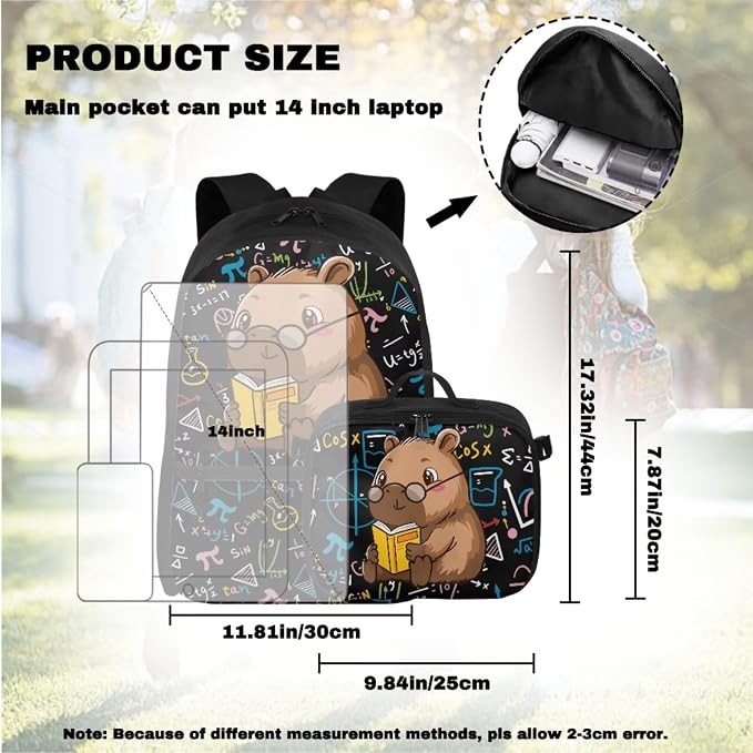 Doojoayie Cute Capybara 2nd Grade Backpack Girls Lightweight Backpacks for Girls with Lunch Box 17 inch Bookbag with Multiple Pockets Compartments for Kindergarten Book Theme