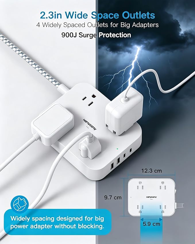 Surge Protector Power Strip, HANYCONY 10Ft Extension Cord with 4 USB Ports(2 USB C), 4 Widely Outlets Extender, Wall Mount, Desk Charging Station for Office School College Dorm Room Essentials