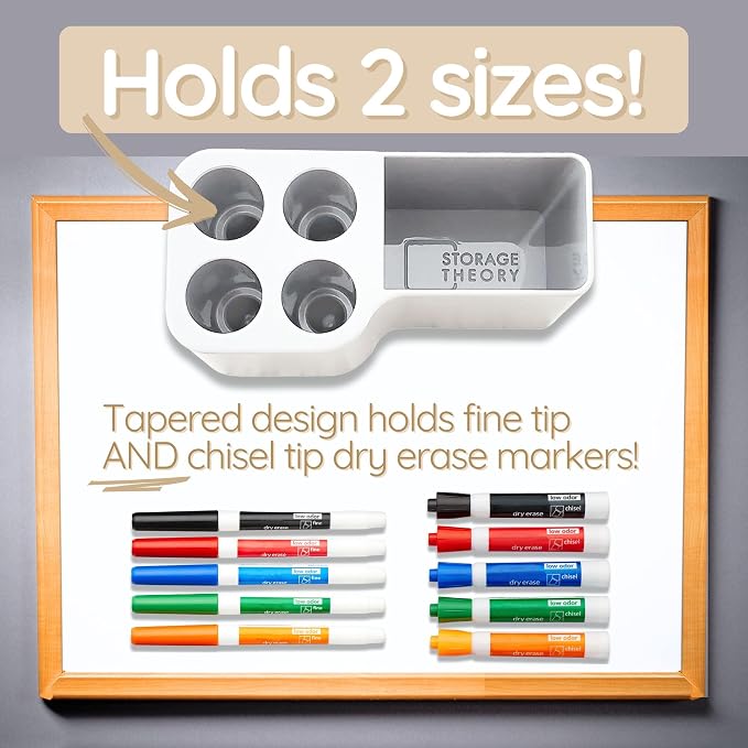 Whiteboard Marker Holder Magnetic - Dry Erase Marker Organizer with Adhesive Mount - Office Supplies Organizer for Classroom, School, Fridge - Made in USA, White 4 Pack