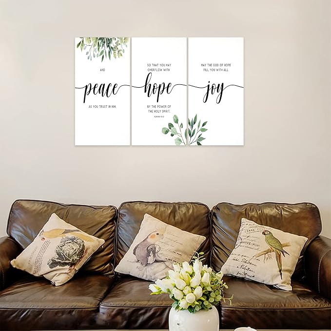 3 Piece Inspirational Wall Art, White Plants Background Picture, Quotes "Peace Hope Joy" Canvas Print for Home Decor, Triptych Motivational Poster Framed Artwork for Classroom Wall Decor (36"Wx18" H)