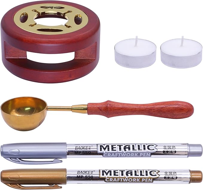SWANGSA Wax Seal Warmer Kit, Sealing Wax Furnace Tool with 2pcs Wax Seal Pens + Wax Seal Spoon and 2pcs Candles for Sealing Wax Stamp Wedding Invitation Envelope Letter (Wood)