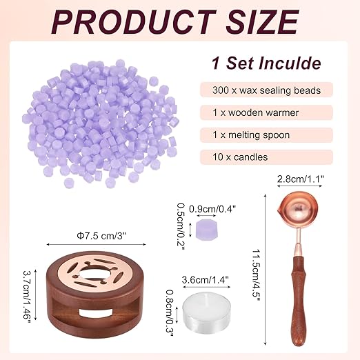 PATIKIL Wax Seal Kit, 300 Pcs Wax Sealing Beads, Wooden Warmer, Melted Spoon, 10 Pcs Tealight Candles for Envelope Letter Mailing Crafts DIY, Clear Purple