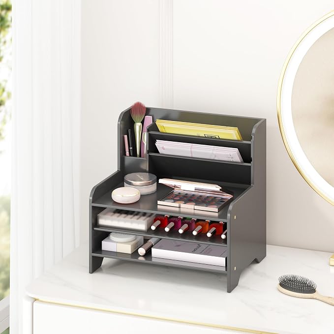 Bamboo File Organizer for Desk, Desktop Paper Tray and Mail Holder | Three open tiers keep A4/letter paper, folders, bills and mail sorted, visible and easy to reach while saving desk space