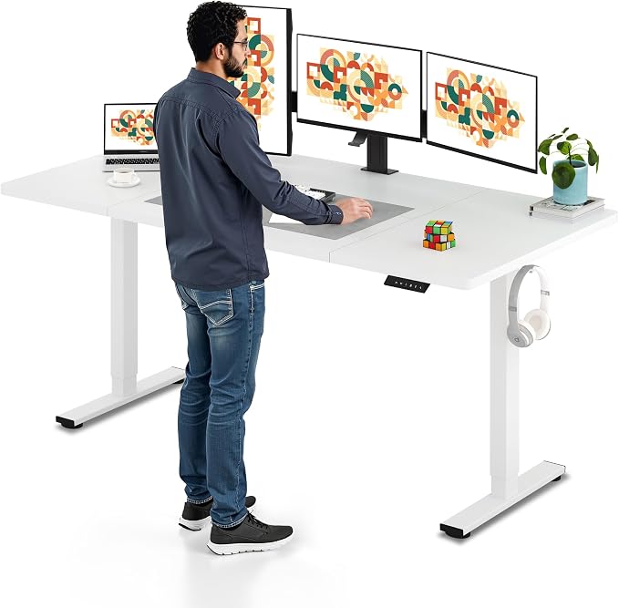 SANODESK Electric Standing Desk, 71 x 32'' Height Adjustable Sit Stand Desk with Large Splice Board Desktop Ergonomic Memory Presets Computer Workstations for Home Office, White Frame/White Top