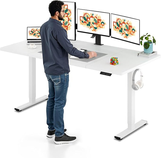 SANODESK Electric Standing Desk, 71 x 32'' Height Adjustable Sit Stand Desk with Large Splice Board Desktop Ergonomic Memory Presets Computer Workstations for Home Office, White Frame/White Top