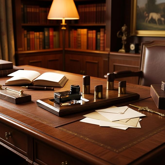 HOMORA Luxury Wooden Desk Pen Stand with Ink Bottle Holder – Premium Executive Office Organizer for Fountain Pens, Calligraphy Pens & Writing Accessories