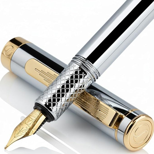 Scriveiner Luxury EDC Fountain Pen (Medium), Stunning Silver Chrome Luxury Pen, Real Gold Plating, Schmidt German Nib, Converter, Writing Gift Set for Men & Women, Nice Fancy Office Designer Pen