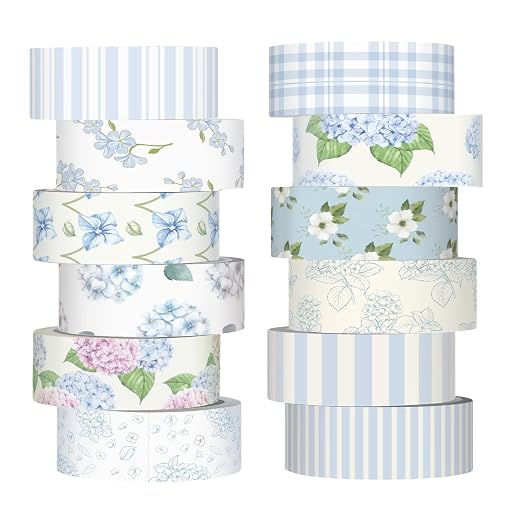 12 Rolls Watercolor Floral Washi Tape Set 15 mm Vintage Flower Decorative Masking Tape for Summer School Arts DIY Craft Scrapbook Journal Supplies Gifts(Light Blue,Hydrangea)