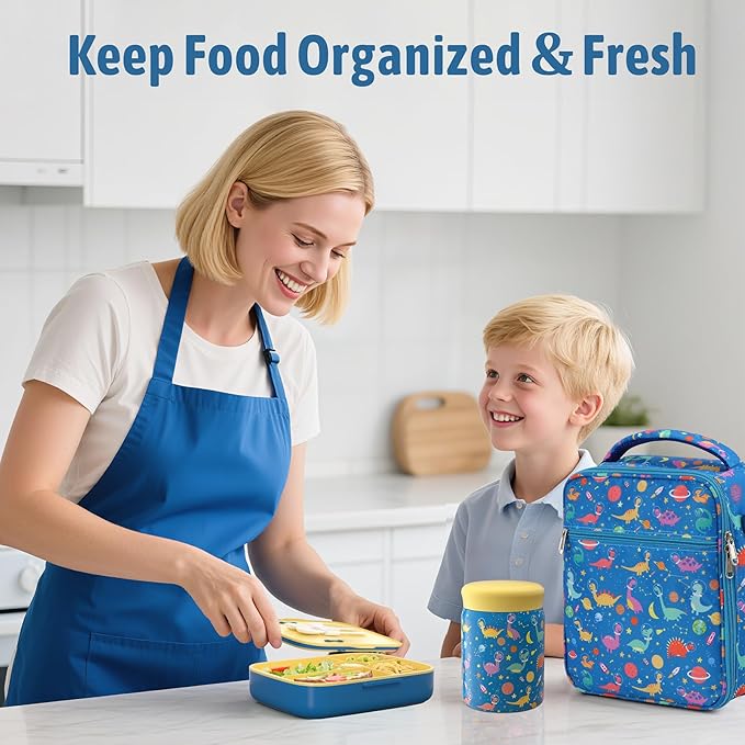 Kids Bento Lunch Box with Thermo Leak-Proof Snack Lunch Containers with Insulated Lunch Bag Utensils Set Back to School Supplies Gifts for Boys and Girls Toddlers Kindergarten Lunch Accessories Blue