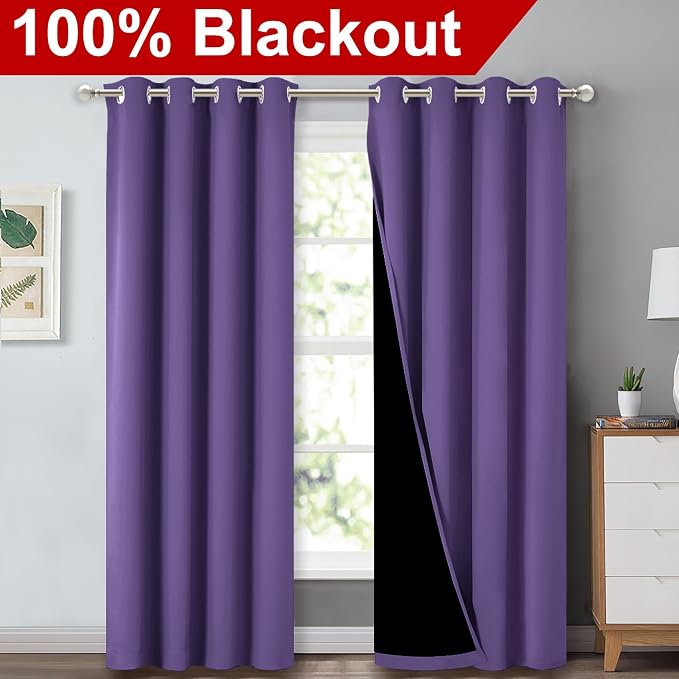 NICETOWN Full Shading Curtains 90" Long 2 Panels Set for Windows, Super Heavy-Duty Black Lined Blackout Curtains for Bedroom, Privacy Assured Window Treatment (Lilac Purple, Pack of 2, 52" W)