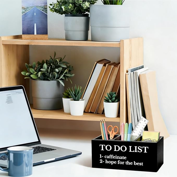 Funny Pen Pencil Holder for Desk, Funny Office Gifts for Coworkers Women Men, to Do List Wooden Box Sign Organizer for Office Workplace Desk Accessories Tabletop Decorations