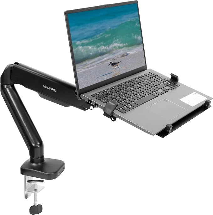 Mount-It! Laptop Desk Mount Arm with Gas Spring, Height Adjustable Laptop Stand for Desk, Fits Laptops up to 17 Inch, Full Motion Laptop Tray Mount with Clamp or Grommet Installation