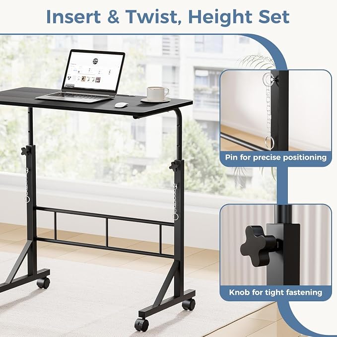 Simple Deluxe 31.5" Adjustable Height Mobile Desk with Locking Wheels & Pin-Lock – Height-Adjustable Standing Desk– Heavy-Duty Portable Workstation for Small Spaces & Home Office – Black