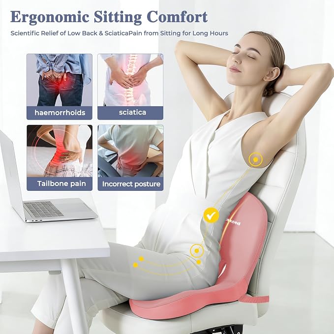 Memory Foam Seat Cushion for Sciatica & Back Pain Relief - Ergonomic Chair Pad with Adjustable Strap & Supportive Comfort Cover, Non-Slip for Car, Truck, Office Chair - Pink
