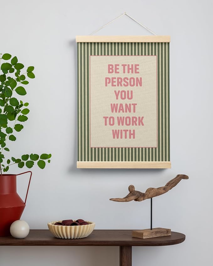 FGFK Inspirational Office Wall Art Poster Hanger Frame, Retro Pink and Green Be the Person You Want to Work with Motivational Teamwork Canvas Prints Framed Wall Decor for Office Workplace, 12x16 Inch