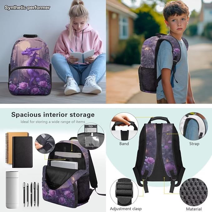 Purple Dragon Backpack for Girls Cute with Lunch Box, 17 Inch Large Capacity Bookbag 4PCS Set, Rose Castle Elementary School Bags for Kids Ages 6-10 Back to School