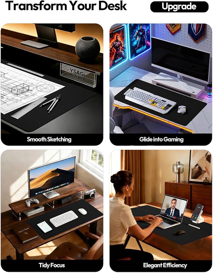 YSAGi Leather Desk Pad Protector, Office Desk Mat, Large Mouse Pad, Non-Slip PU Leather Desk Blotter, Laptop Desk Pad, Waterproof Desk Writing Pad for Office and Home (Black,55" x 17.2")