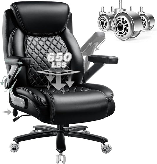 650LBS Big and Tall Office Chair with 5D Flip Arms and Thick Pocket Spring Cushion, Extra Wide Heavy Duty Office Chair & Adjustable Lumbar Support, Large High Back Computer Chair Dual Rubber Wheel