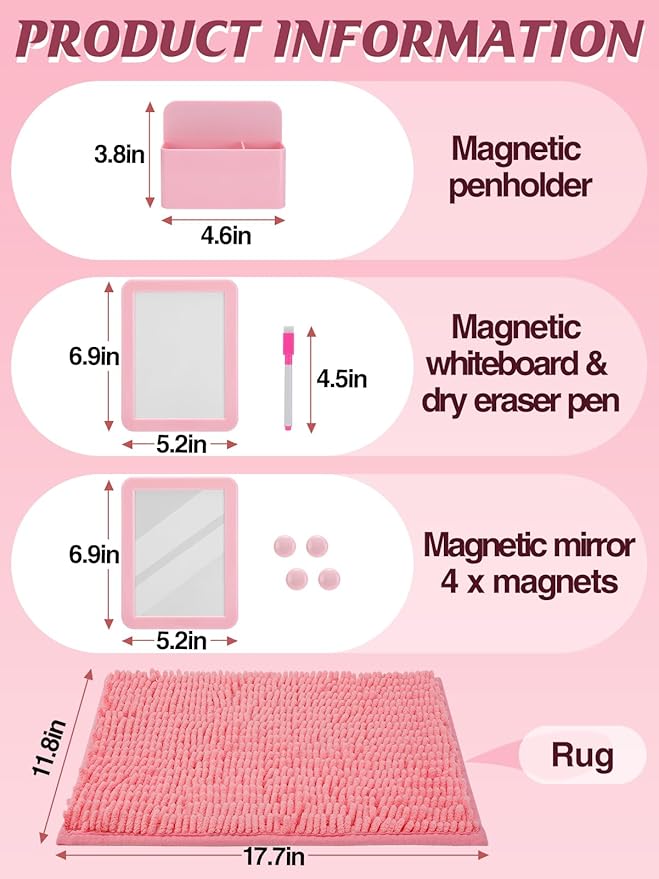 Locker Accessories Kit - 9 Pcs Light Pink Locker Organizer Stuff for Girls, Back to School Supplies Include Locker Rug Magnetic Whiteboard Mirror Dry Erase Marker Holder and More Decor Essentials