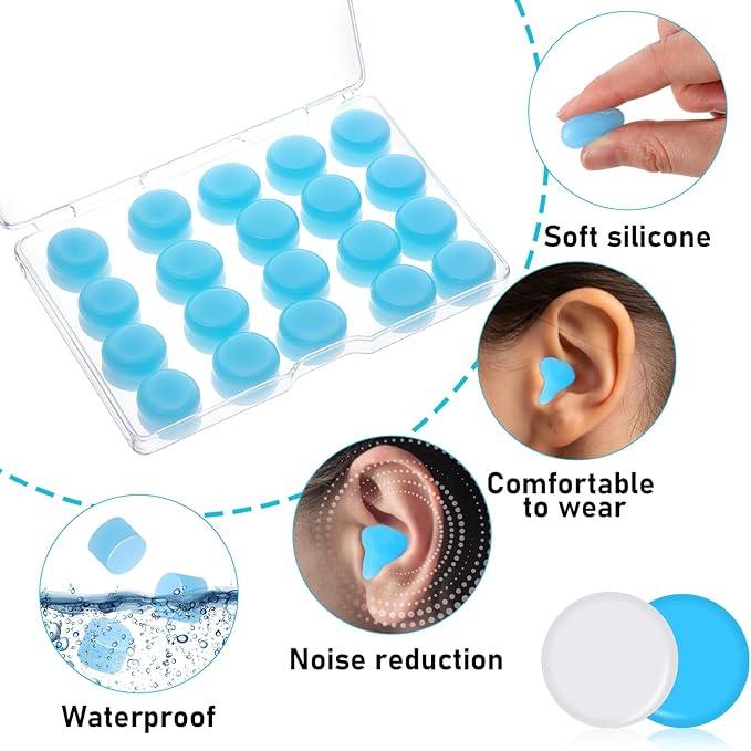 20 Pairs Moldable Silicone Ear Plugs for Sleeping, Soft Reusable Noise Cancelling Silicone Earplugs with Storage Box for Concerts Swimming Snoring Airplane Musicians Motorcycle(White & Blue)