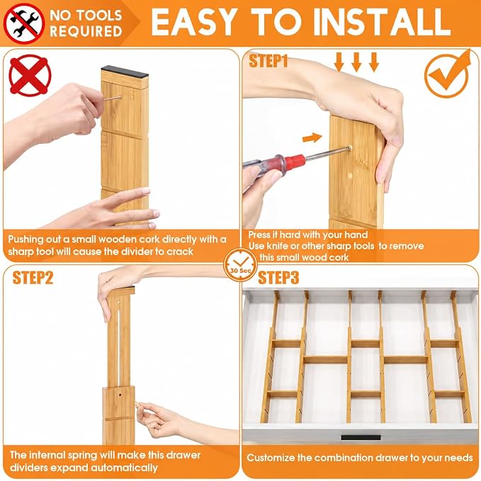 Expandable and Adjustable Bamboo Drawer Dividers with 12 Inserts, Kitchen Drawer Organizer