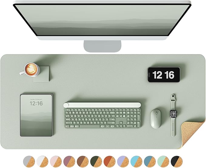 YSAGi Double-Sided Desk Pad, 31.5"x15.7"Leather Desk Mat, Eco Cork Desk Pad Protector,Large Mouse Pad,Waterproof Desk Blotter for Office/Home(Grayish Green)