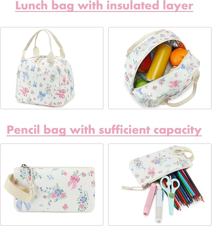 Bluboon Teen Girls School Backpack Kids Bookbag Set with Lunch Box Pencil Case Travel Laptop Backpack Casual Daypacks (Pink Blue Bow - White)