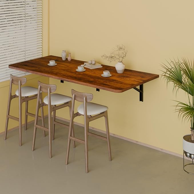 IAE 55" x 22" Floating Foldable Desk,Wall-Mounted Folding Computer Table with Engineered Wood,Study Table with Shelf Brackets,Fold Down Shelf,Fold Computer Desk for Small Spaces,Holds 500 lb,Rustic