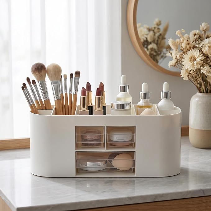 Desk Organizer with Drawers, Office Supplies Storage, White | Customizable desktop storage with removable dividers and 3 clear drawers for pens, notes, clips and everyday office supplies.