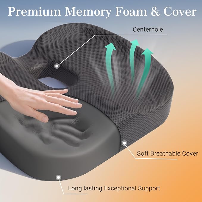 Donut Pillow Seat Cushion for Hemorrhoids & Tailbone Pressure Relief - Memory Foam Office Chair Cushion for Sciatica, Coccyx & Back Pain, Non-Slip Butt Cushions for Long Sitting (Grey)