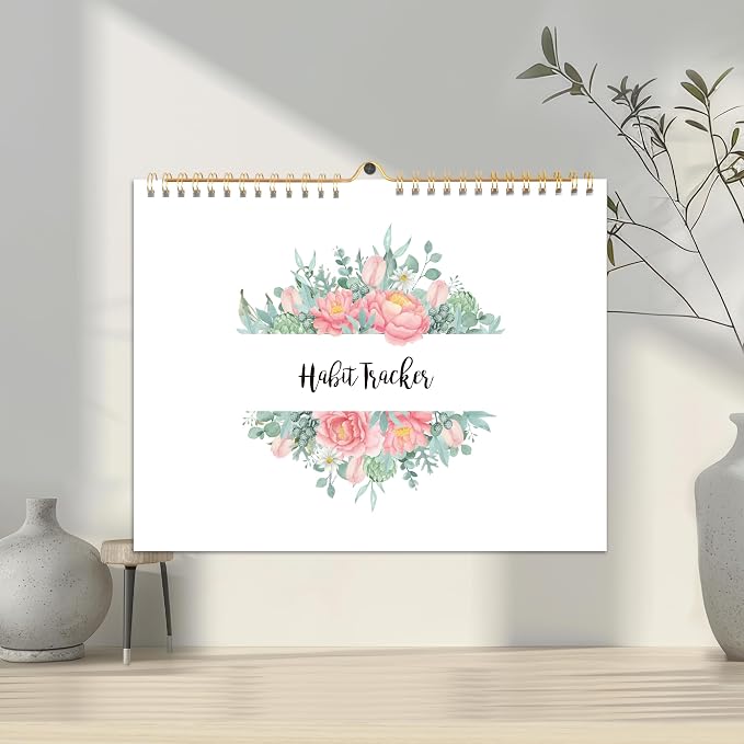 Habit Tracker Calendar - 12 Months Undated Daily Weekly & Monthly Period Habit Tracker Journal, Greenery Floral, Spiral Binding & Hanger, 7.8"x10"
