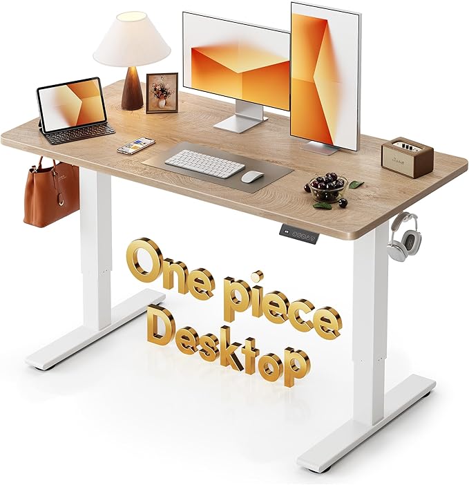 CubiCubi 55 x 28 Inch Large One-Piece Standing Desk, Adjustable Height Electric Computer Home Office Sit Stand up Whole Board Workstation, with Memory Presets, Headphone Hook, Maple
