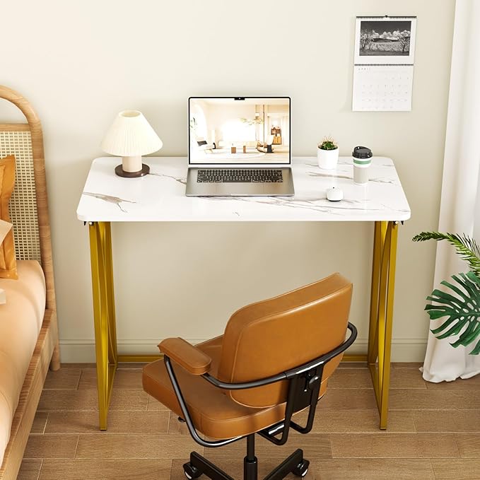 Folding Desk, 31.5" Small Desk for Bedroom, Space Saving Foldable Computer Desk for Home Office, Easy Assembly, White and Gold