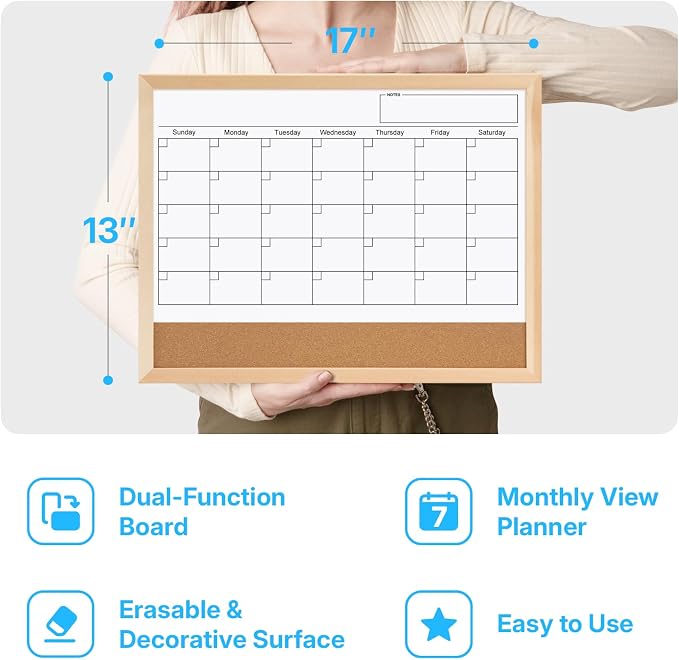 OWLKELA Monthly Dry Erase Calendar with Cork Board for Wall, 17 x 13 Magnetic Bulletin Whiteboard with Wood Frame for Office, Home, School, Kitchen