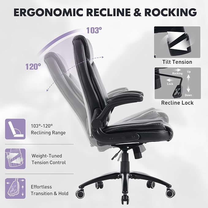 MALOL 300lbs Office Chair with Flip-Up Armrests & Reclining Backrest, Ergonomic PU Leather Executive Desk Chair-Adjustable Height & Tilt Tension, Black