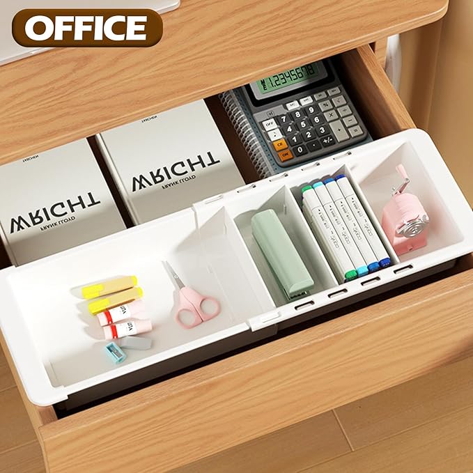 Deep Drawer Organizer, Expandable Drawer Organizer, Plastic Tray with Dividers - White