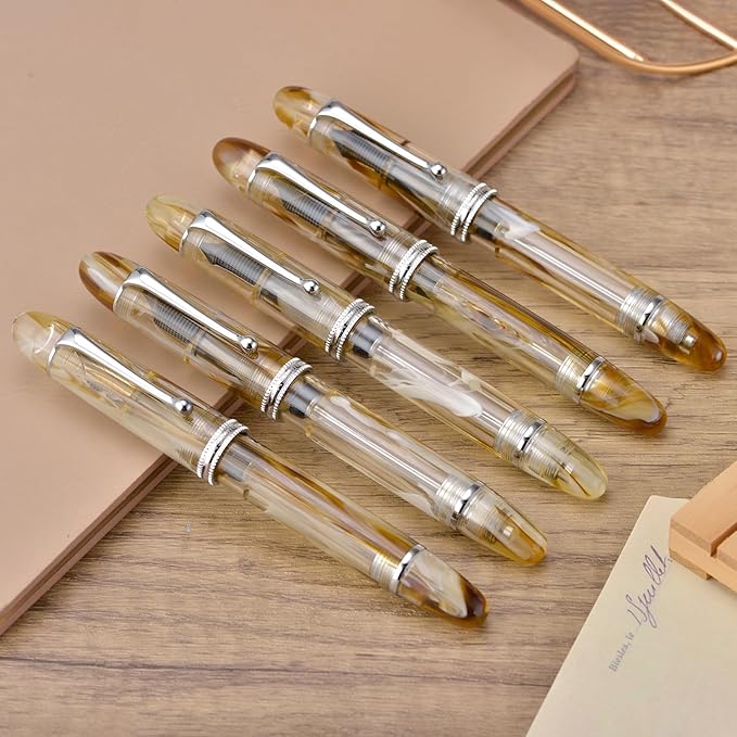 Asvine V800 Fountain Pen – Vacuum Filling System with Large Ink Capacity – Smooth Number 8 Extra Fine Nib with Gift Case and Wrench- Brown White