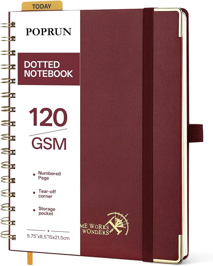 POPRUN Dotted Journal Spiral Notebook, A5 Bullet Dot Grid Journals for Women Men, 120 GSM Thick Paper, 141 Pages Hardcover Notebooks for Journaling, Drawing, Writing, 5.75'' x 8.25'', Burgundy