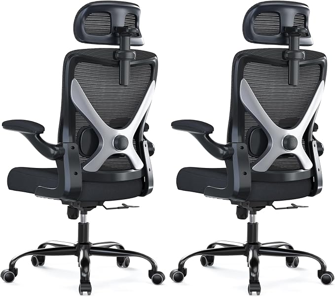 Ergonomic Office Chair: Mesh Desk Chair Comfy with Headrest& Lumbar Support | Ergalithic Big and Tall Office Chairs with Wheels & Flip-Up Arms-Computer Gaming Chairs for Adults (Black-Pack of 2)