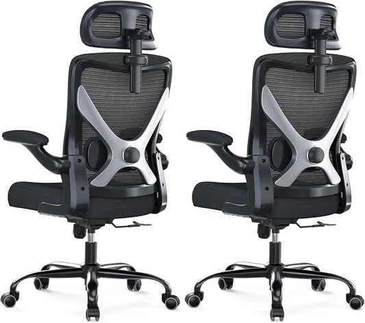 Ergonomic Office Chair: Mesh Desk Chair Comfy with Headrest& Lumbar Support | Ergalithic Big and Tall Office Chairs with Wheels & Flip-Up Arms-Computer Gaming Chairs for Adults (Black-Pack of 2)